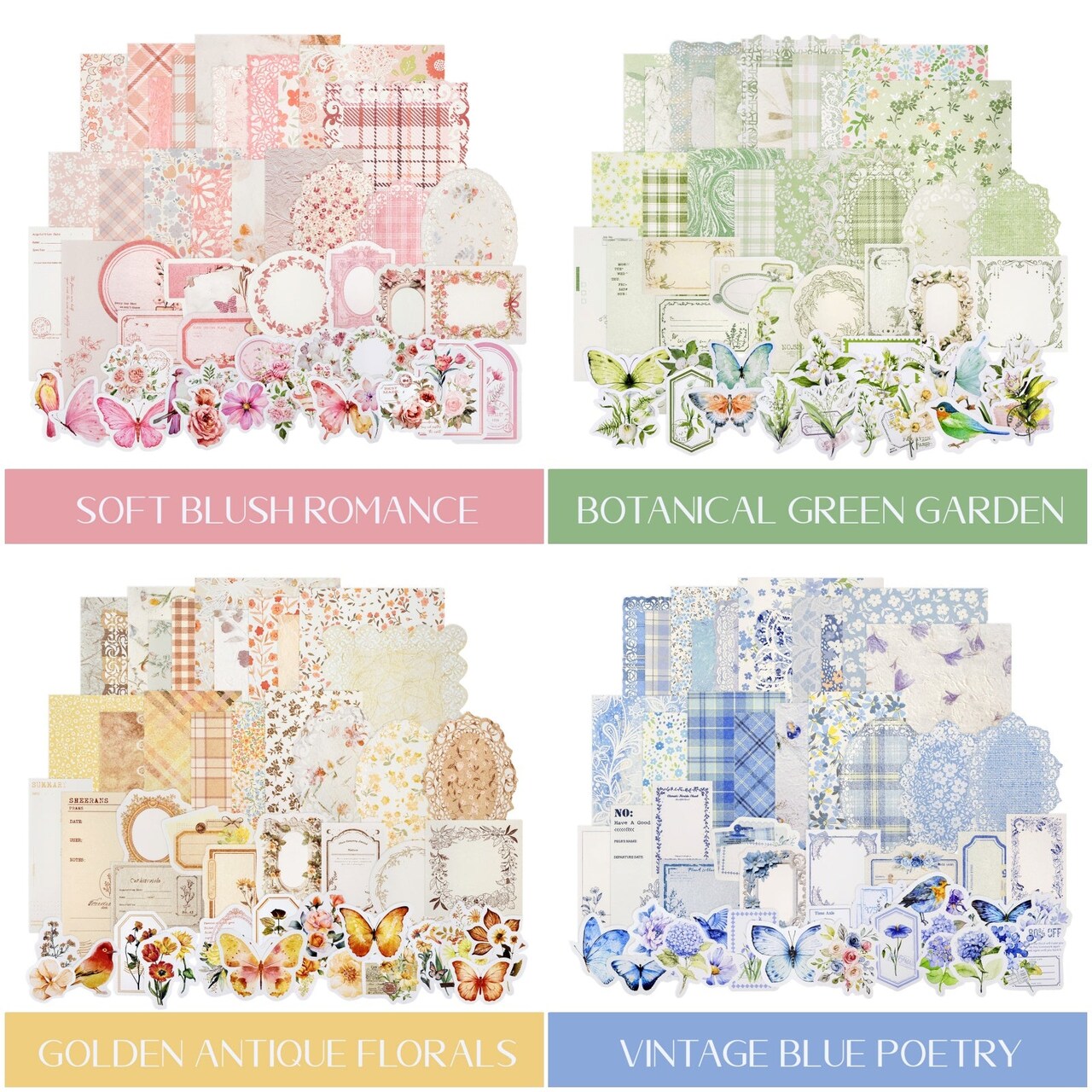 Wrapables Vintage Floral Poetry Scrapbooking Supplies Kit, Ephemera Stationery Sticker Set for Junk Journaling, Card Making, and DIY Crafts (Set of 4)